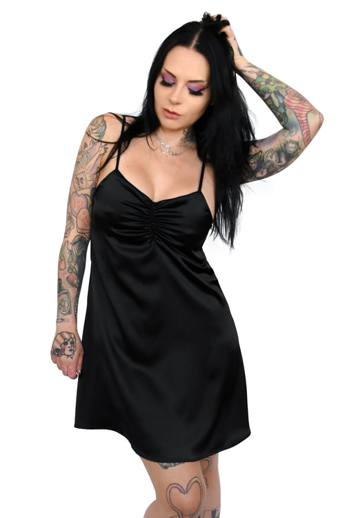 soft spaghetti strap satin slip dress with front bust ruching 