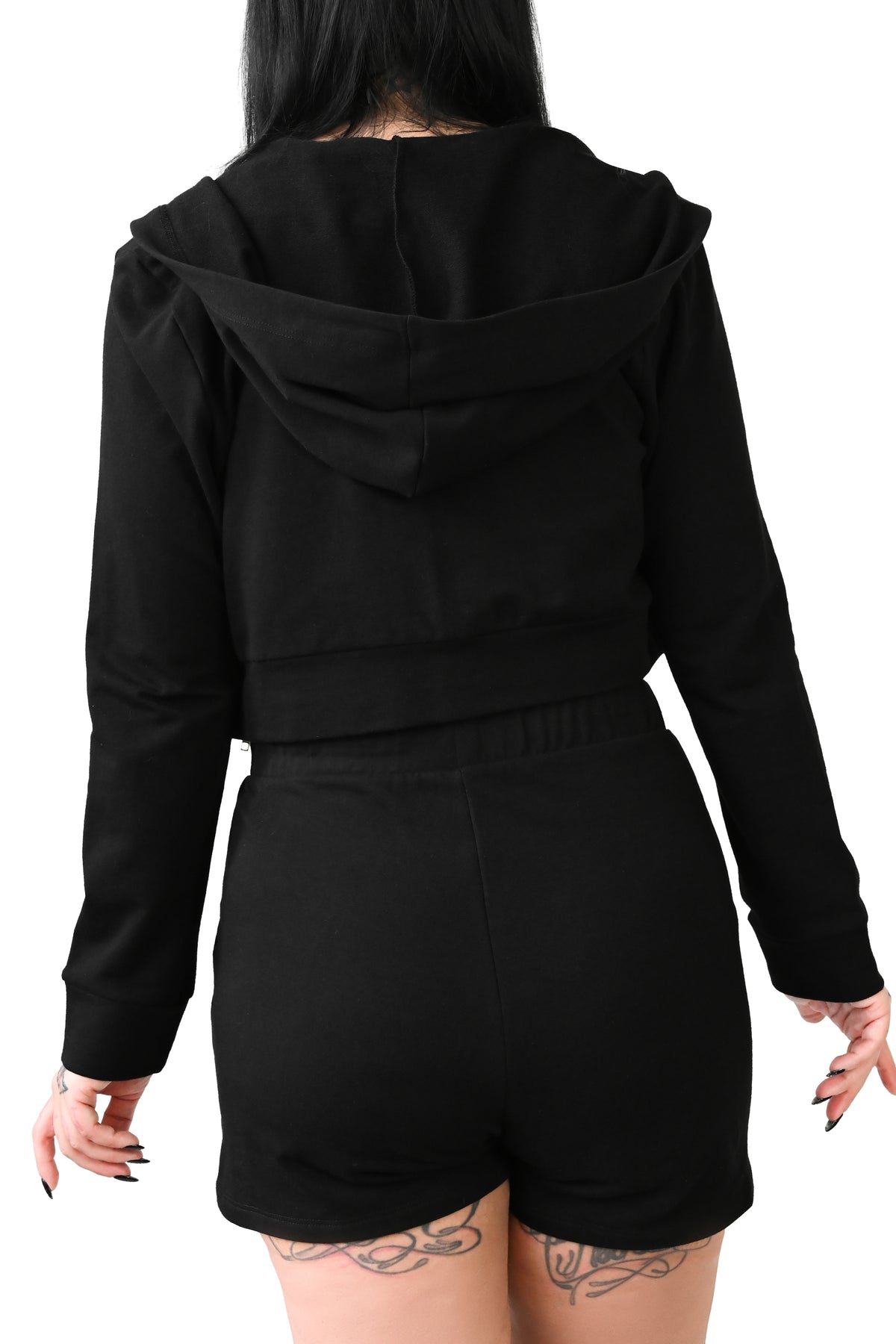 back view of black, cropped french terry hoodie with hood