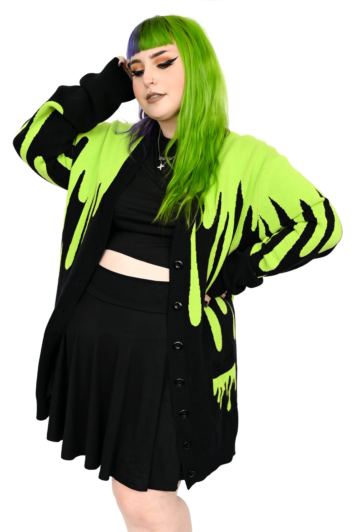 Black cardigan with the perfect slime green drips all over.