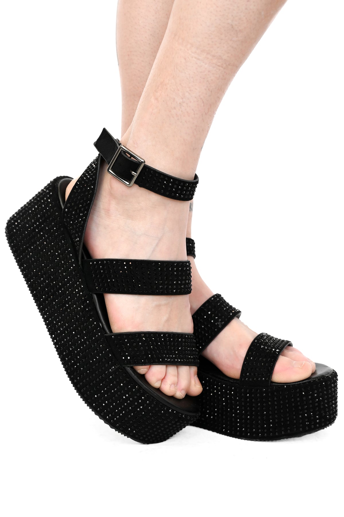 Strappy platform sandals with all over black rhinestones