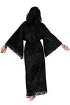 black long velvet dressing gown with black lace trim and tie waist