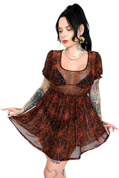 Black sheer mesh dress with custom orange spiderwebs