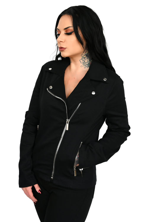 Slightly oversized stretch denim motorcycle jacket. Silver color heavy metal zippers with FOXBLOOD branding. Zipper pockets and zipper cuff detail. 