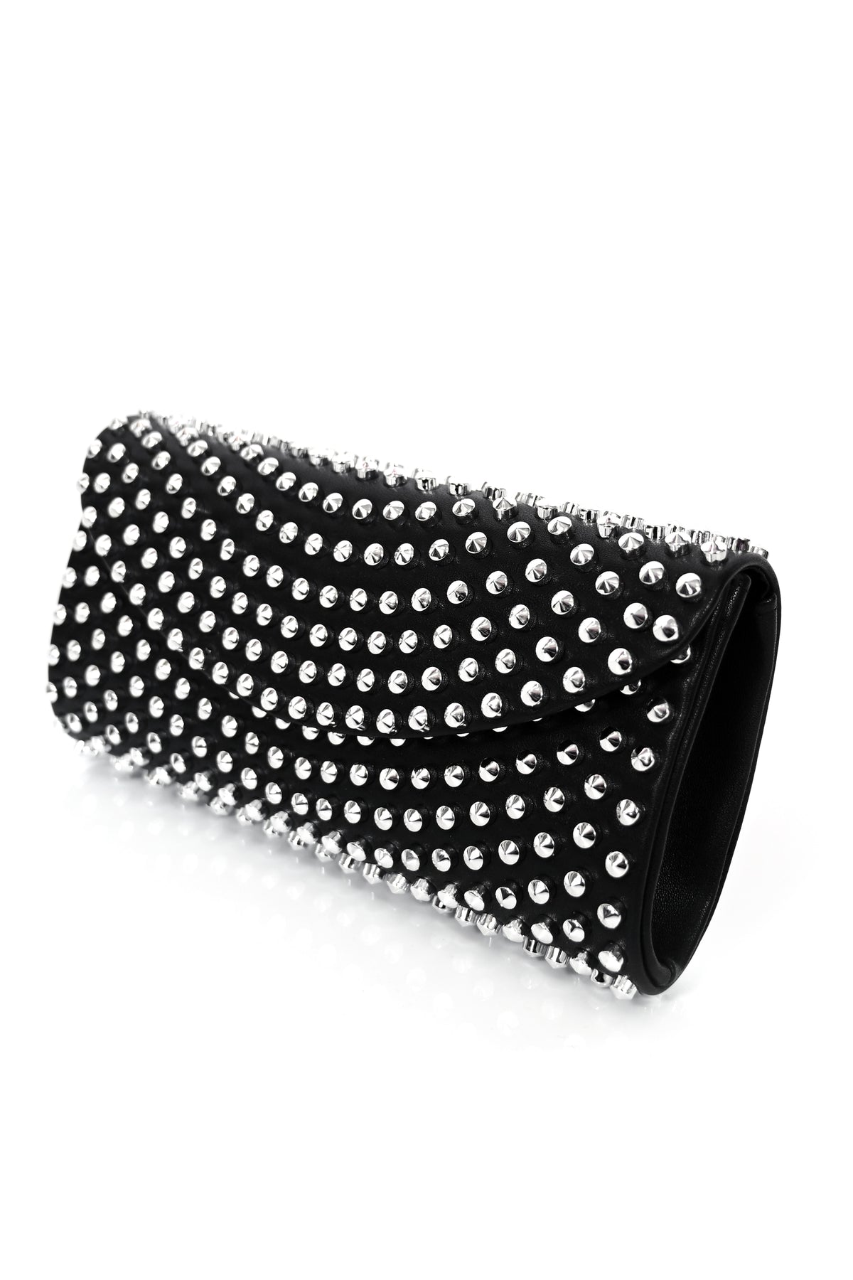Envelope-style convertible clutch bag covered in silver studs.