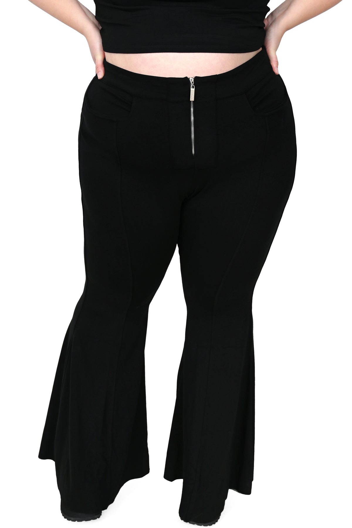 black bellbottoms with a silver front zipper