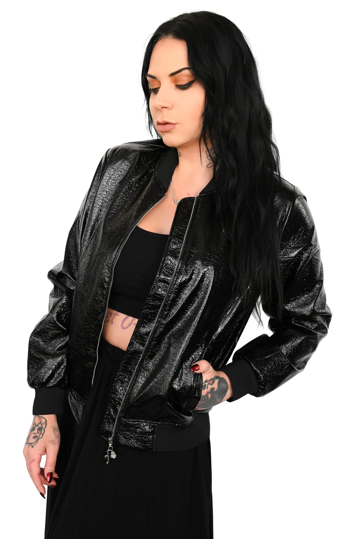 shiny crackled vegan leather texture black bomber jacket