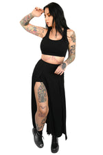black maxi skirt with slits and shorts 