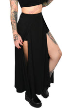 black maxi skirt with slits and shorts 