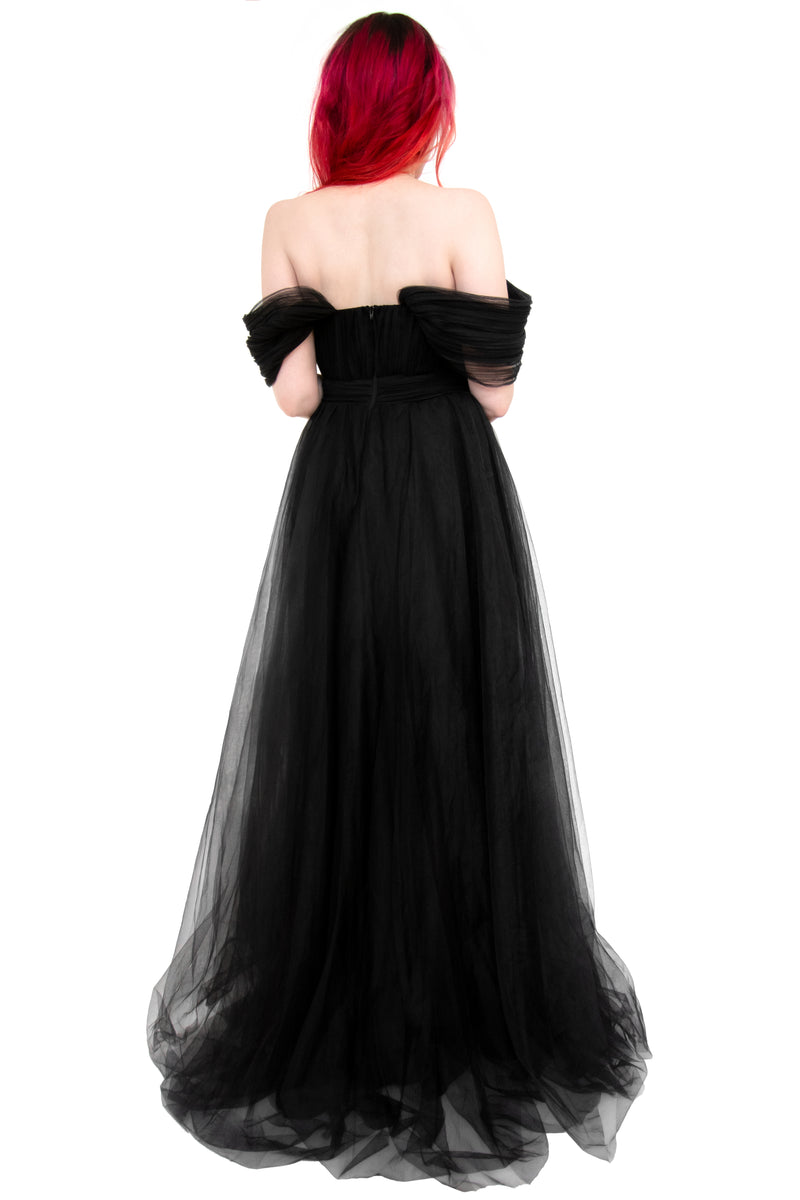 Elegant long flowing black tulle gown. Perfect for any goth wedding or special event! Off the shoulder, draping tulle sleeves and a mini V at the bust. Invisible Back zipper