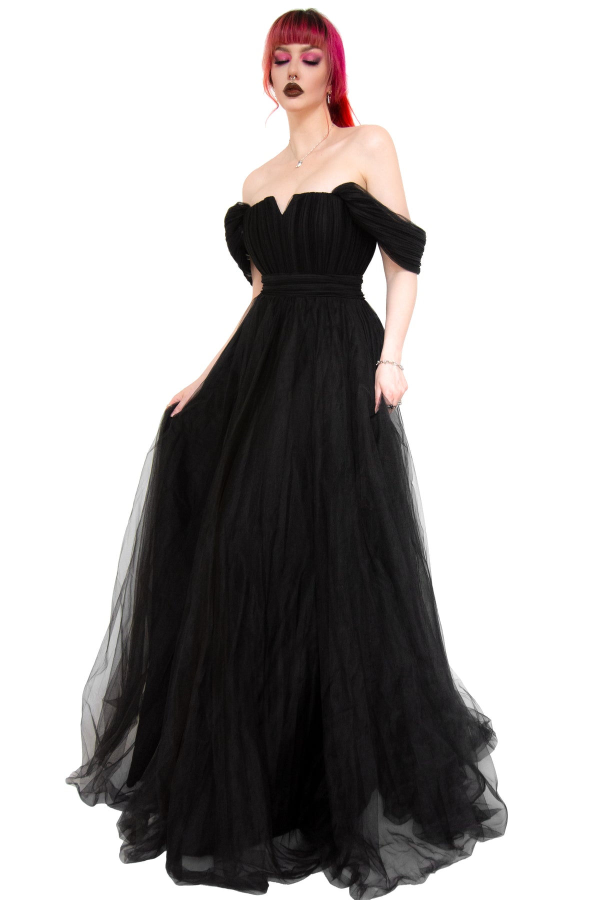 Elegant long flowing black tulle gown. Perfect for any goth wedding or special event! Off the shoulder, draping tulle sleeves and a mini V at the bust.