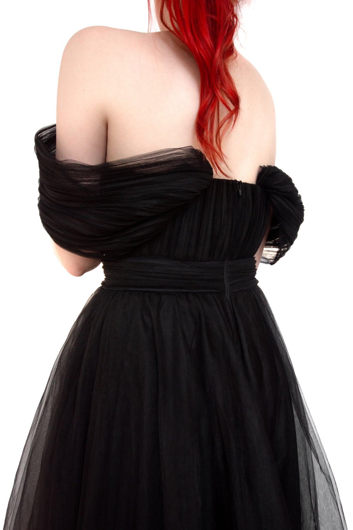 Elegant long flowing black tulle gown. Perfect for any goth wedding or special event! Off the shoulder, draping tulle sleeves and a mini V at the bust.