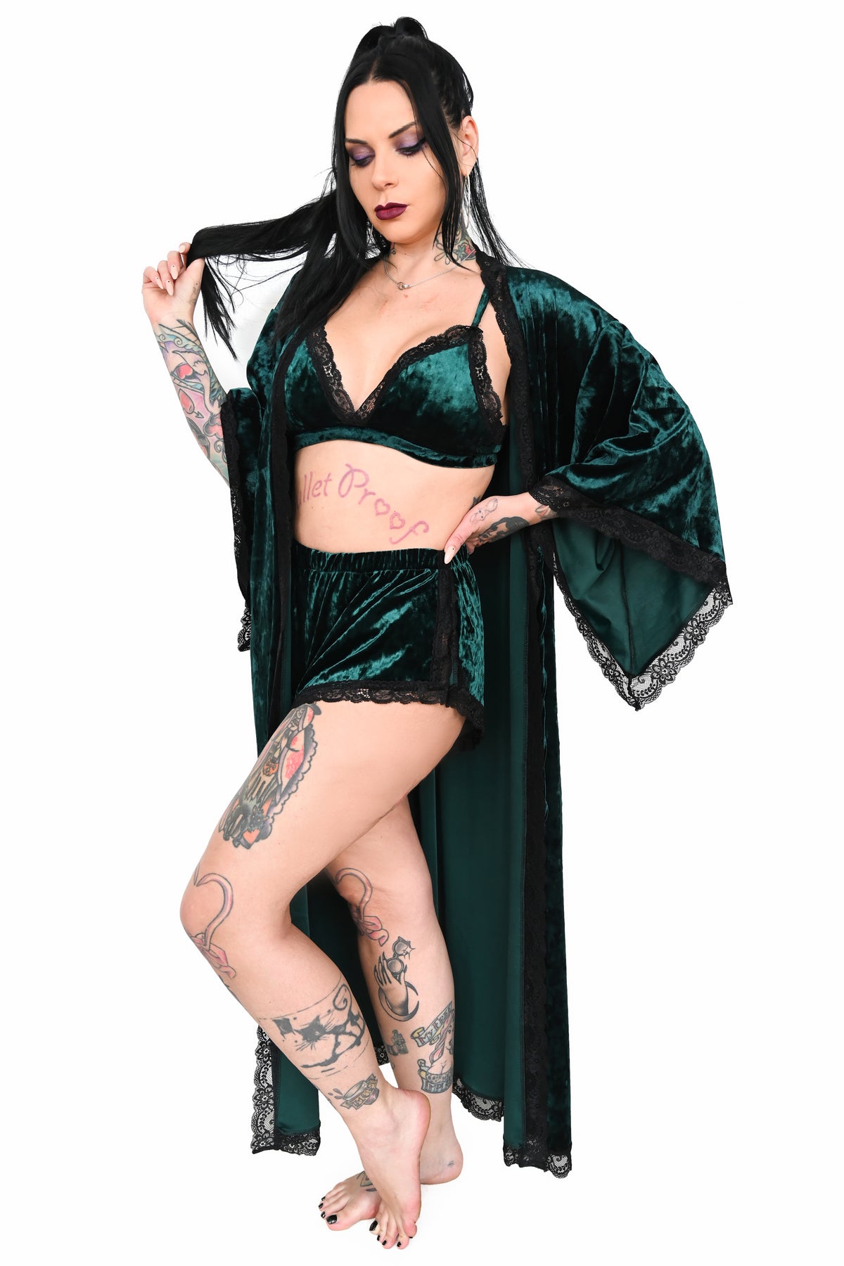 green velvet robe with black lace trim