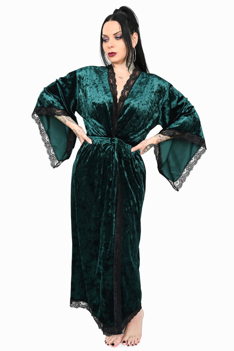 green velvet robe with black lace trim