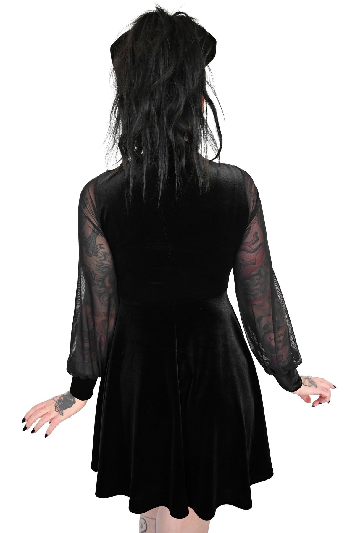 black velvet holiday dress mesh sleeve - back shot