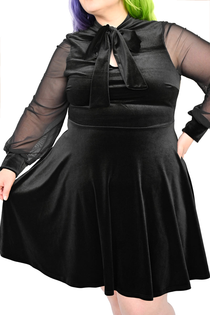 black velvet holiday dress mesh sleeve neck bow detail 