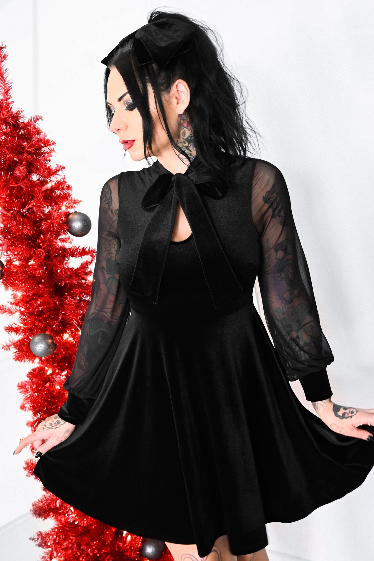 black velvet holiday dress mesh sleeve neck bow detail 