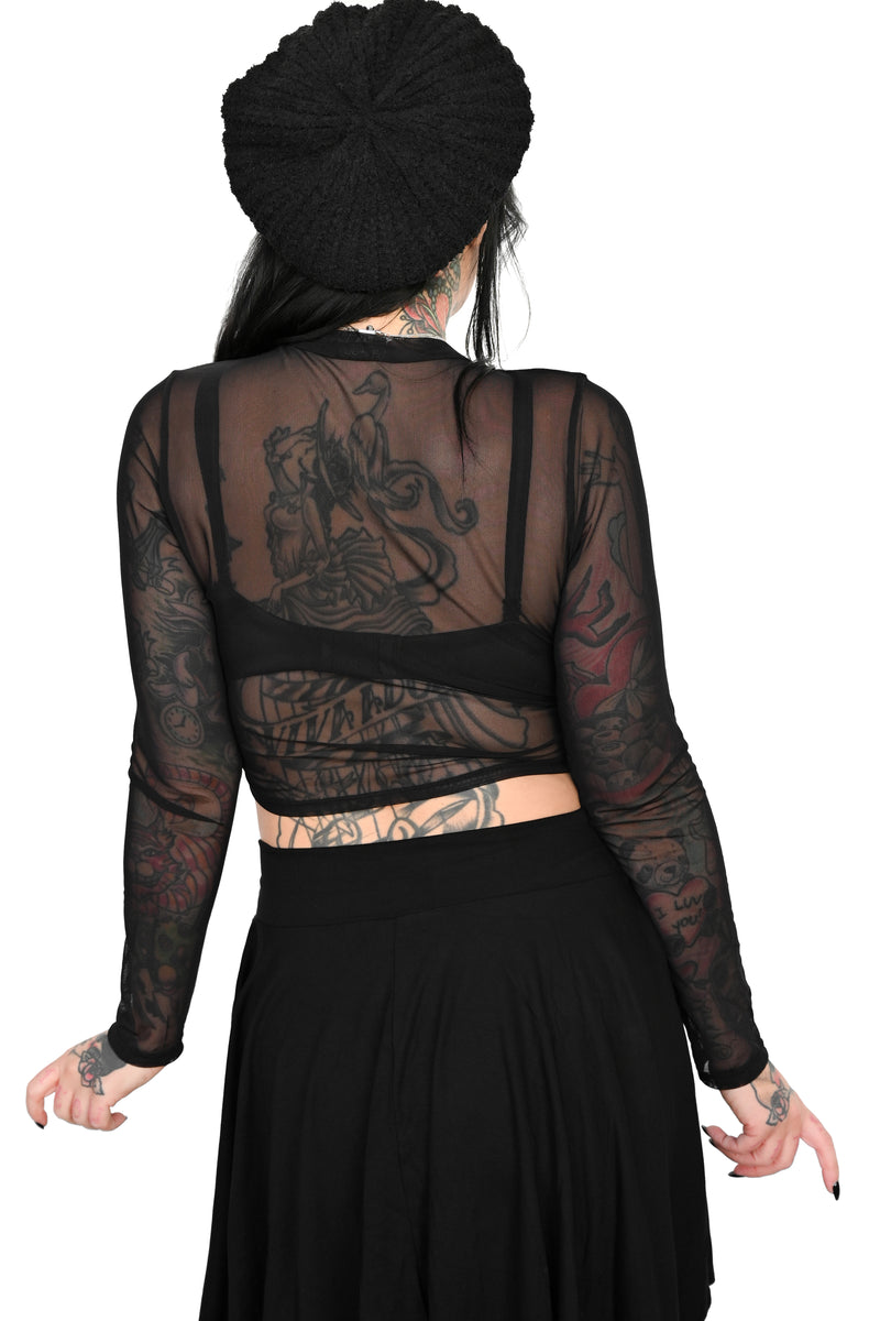 black crop mesh long sleeve top  - back view