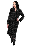 Fully lined black and white tweed style coat with waist tie and deep pockets