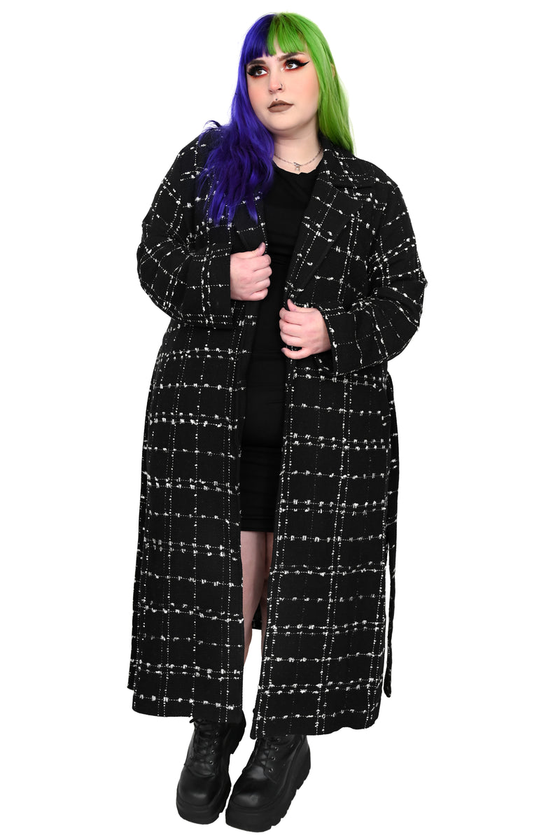 Fully lined black and white tweed style coat with waist tie and deep pockets