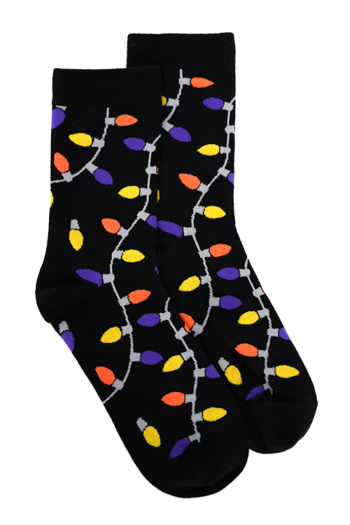 Multi color (purple, orange, and yellow) holiday lights all over a black sock. Matches our Deck the Haunted Halls sweater!