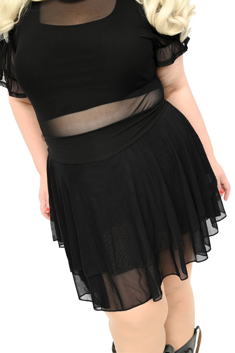 black mesh skirt over attached shorts