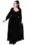 black on black striped mesh maxi dress with flocked stripes and bishop sleeves