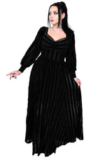 black on black striped mesh maxi dress with flocked stripes and bishop sleeves