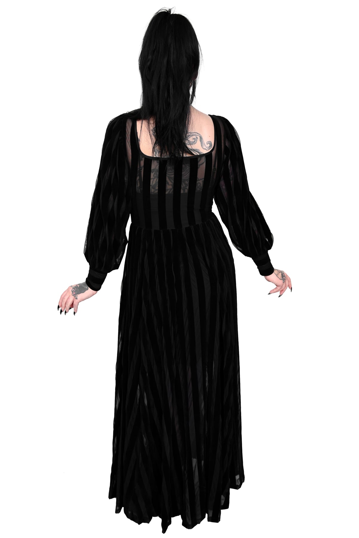 black on black striped mesh maxi dress with flocked stripes and bishop sleeves