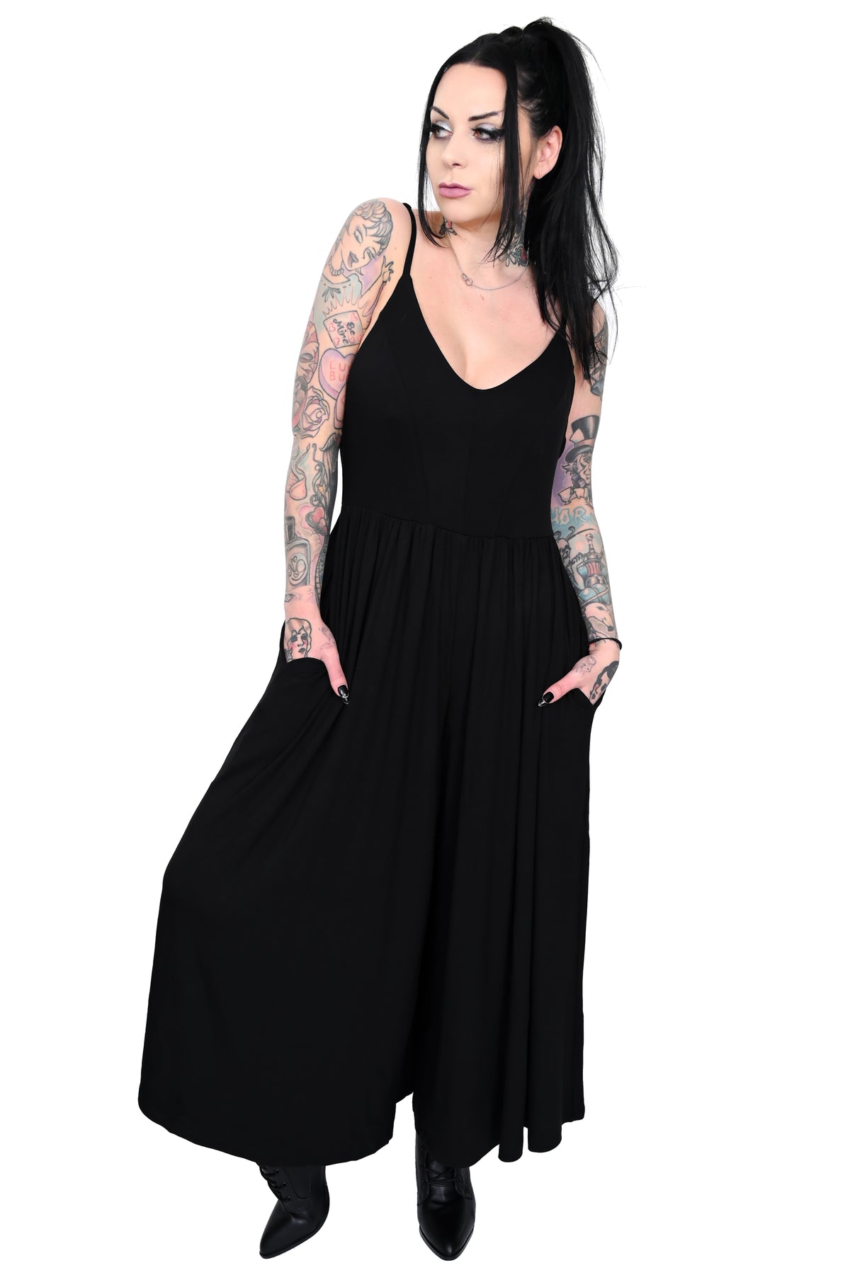 Drop crotch spaghetti strap jumpsuit, with an elastic waist and fully adjustable straps.