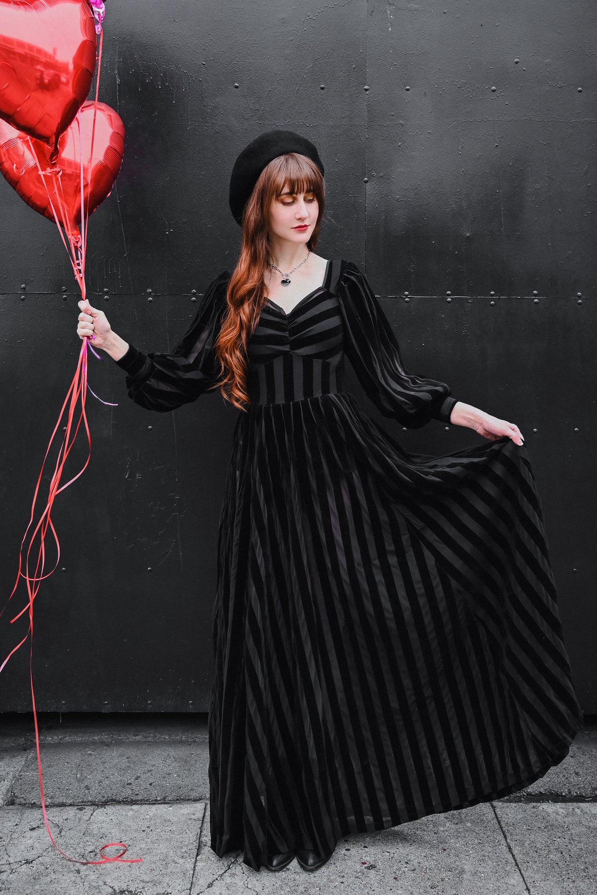 black on black striped mesh maxi dress with flocked stripes and bishop sleeves