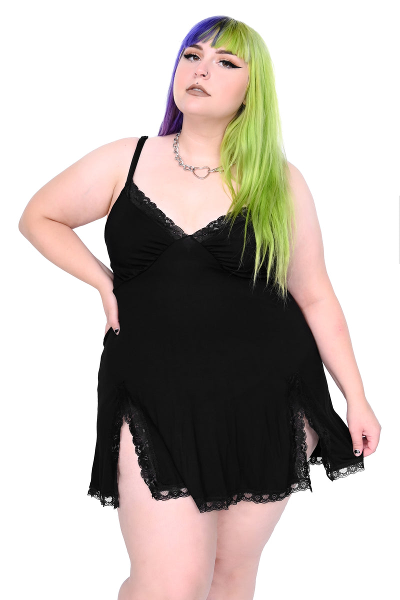 Black babydoll nightgown with Two sexy front slits and adjustable straps.