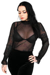 Black long sleeve mesh top with ruched collar and sleeves