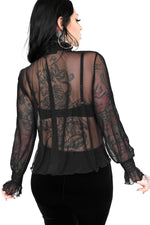 Black long sleeve mesh top with ruched collar and sleeves