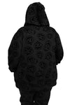 Flocked scary jack faces all over a black zip up hoodie