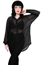 black mesh oversized button up shirt