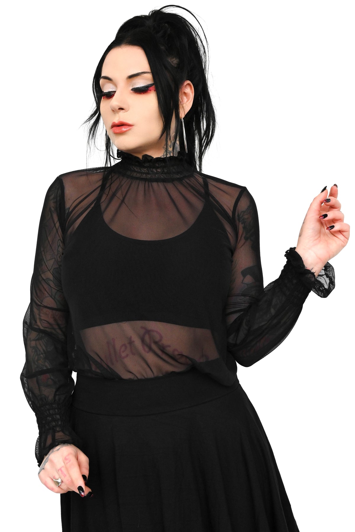 Black long sleeve mesh top with ruched collar and sleeves