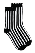 Black & White vertical stripe sock, with a delicate black ruffle edge detail.