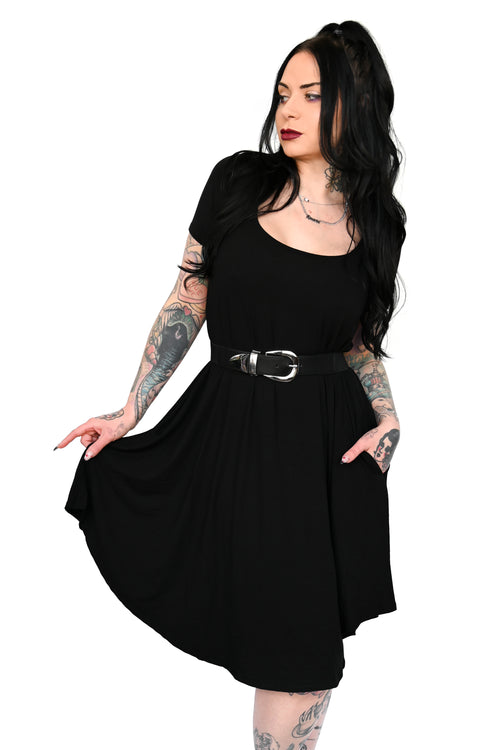 black swing dress with square neckline