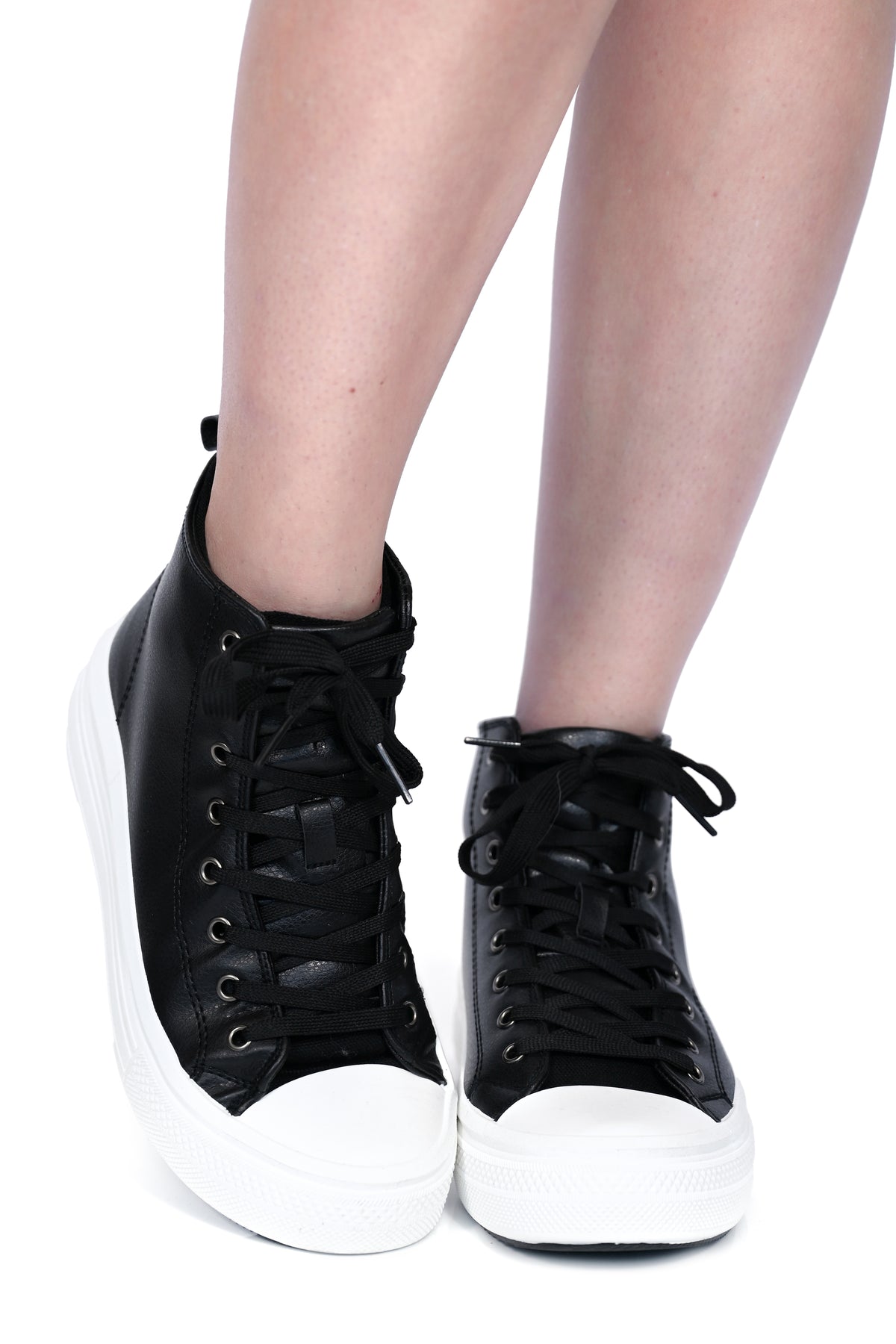 vegan leather black sneakers with white rubber platform