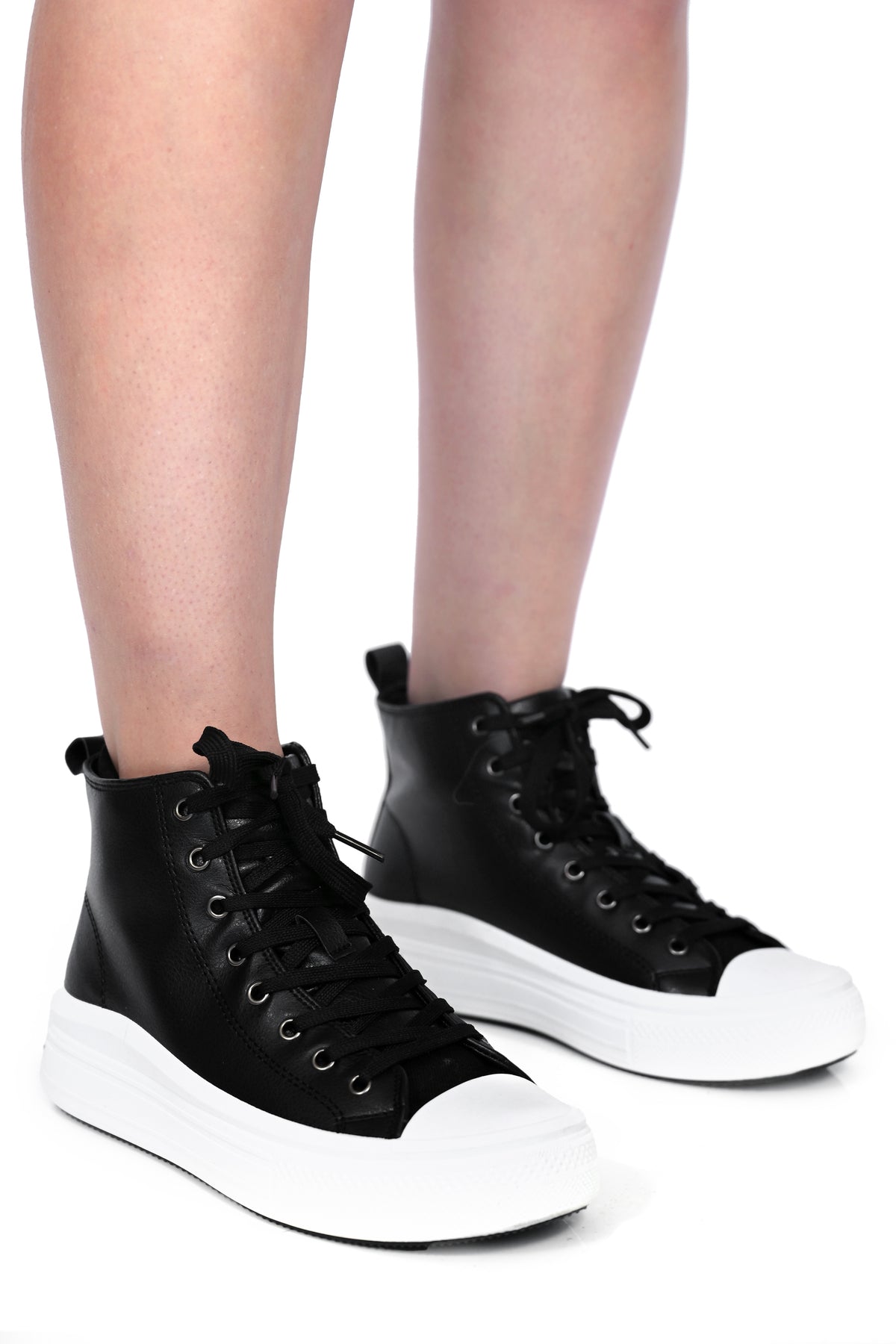 vegan leather black sneakers with white rubber platform