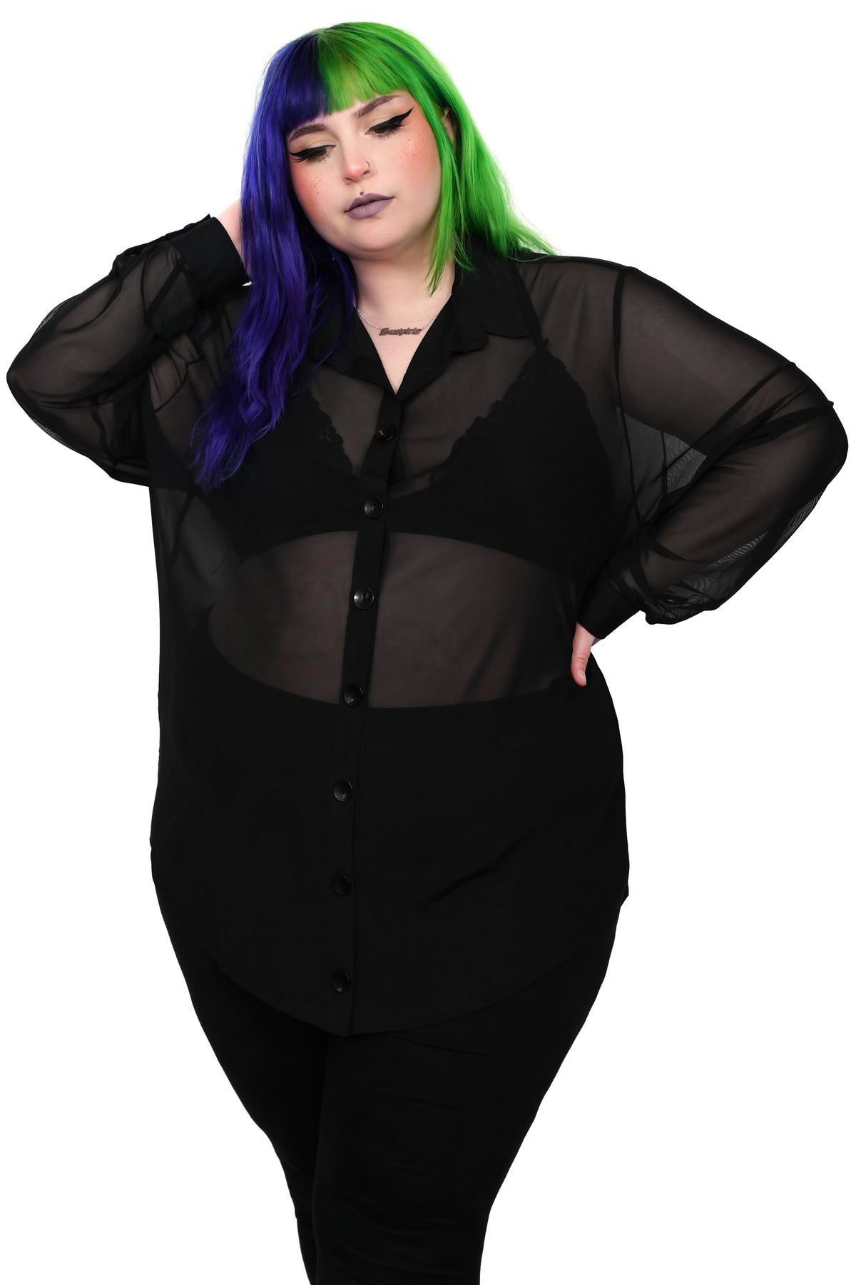 black mesh oversized button up shirt