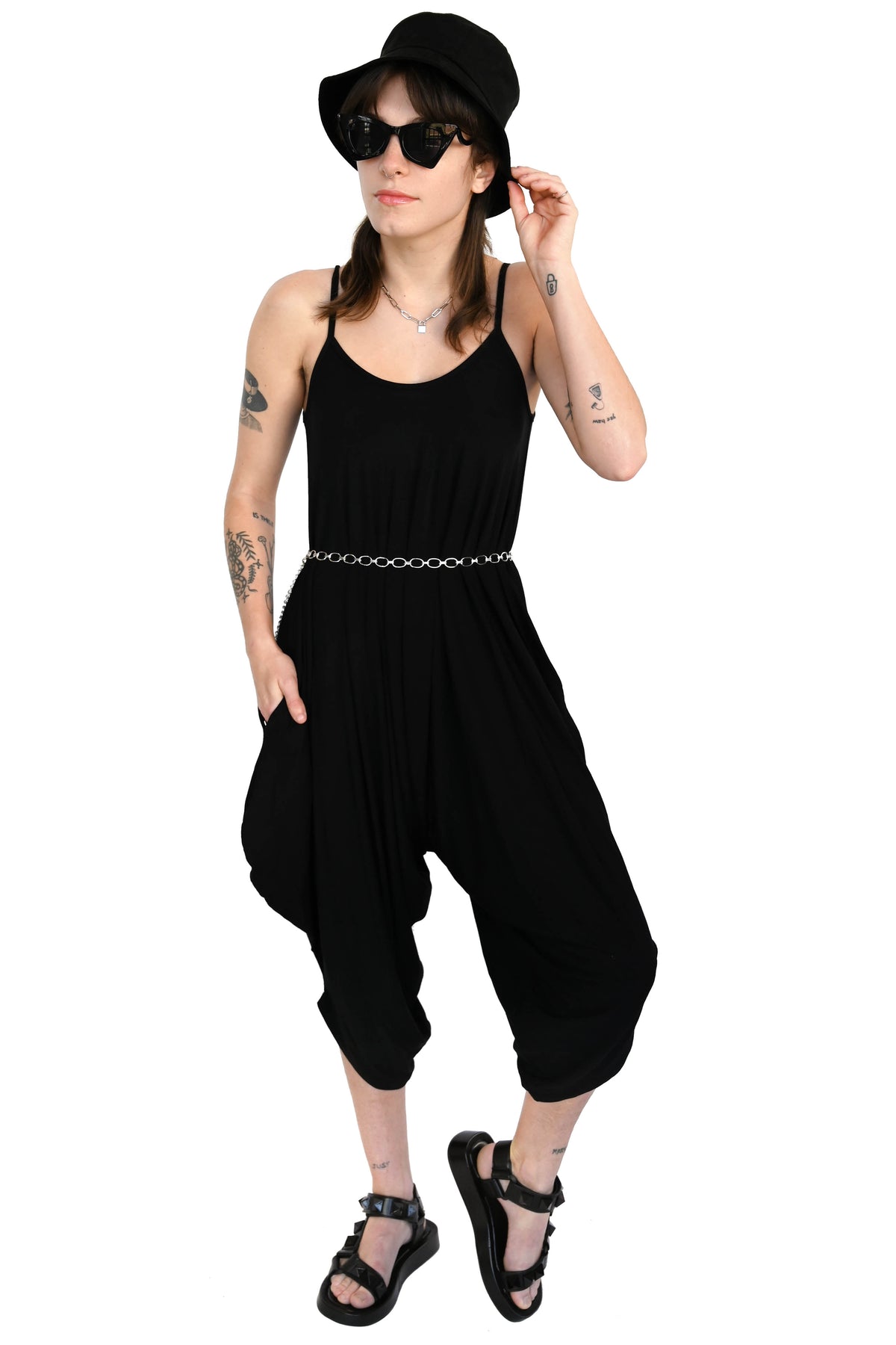 black oversized drop crotch jumpsuit with thin shoulder straps