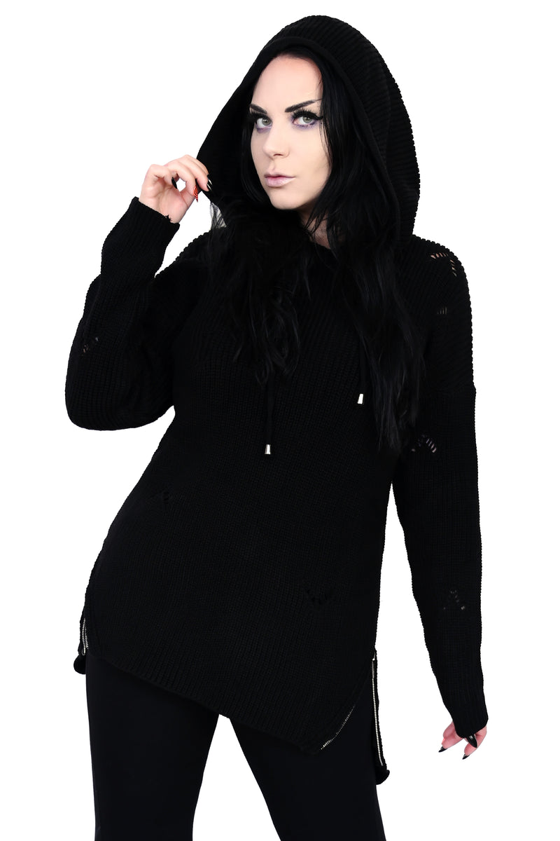 Hooded pullover sweater with distressing and bottom Foxblood branded zipper details