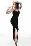 black bodycon thin shoulder strap dress with ruched sides and side slit up leg 