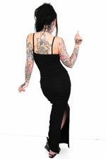 black bodycon thin shoulder strap dress with ruched sides and side slit up legs 