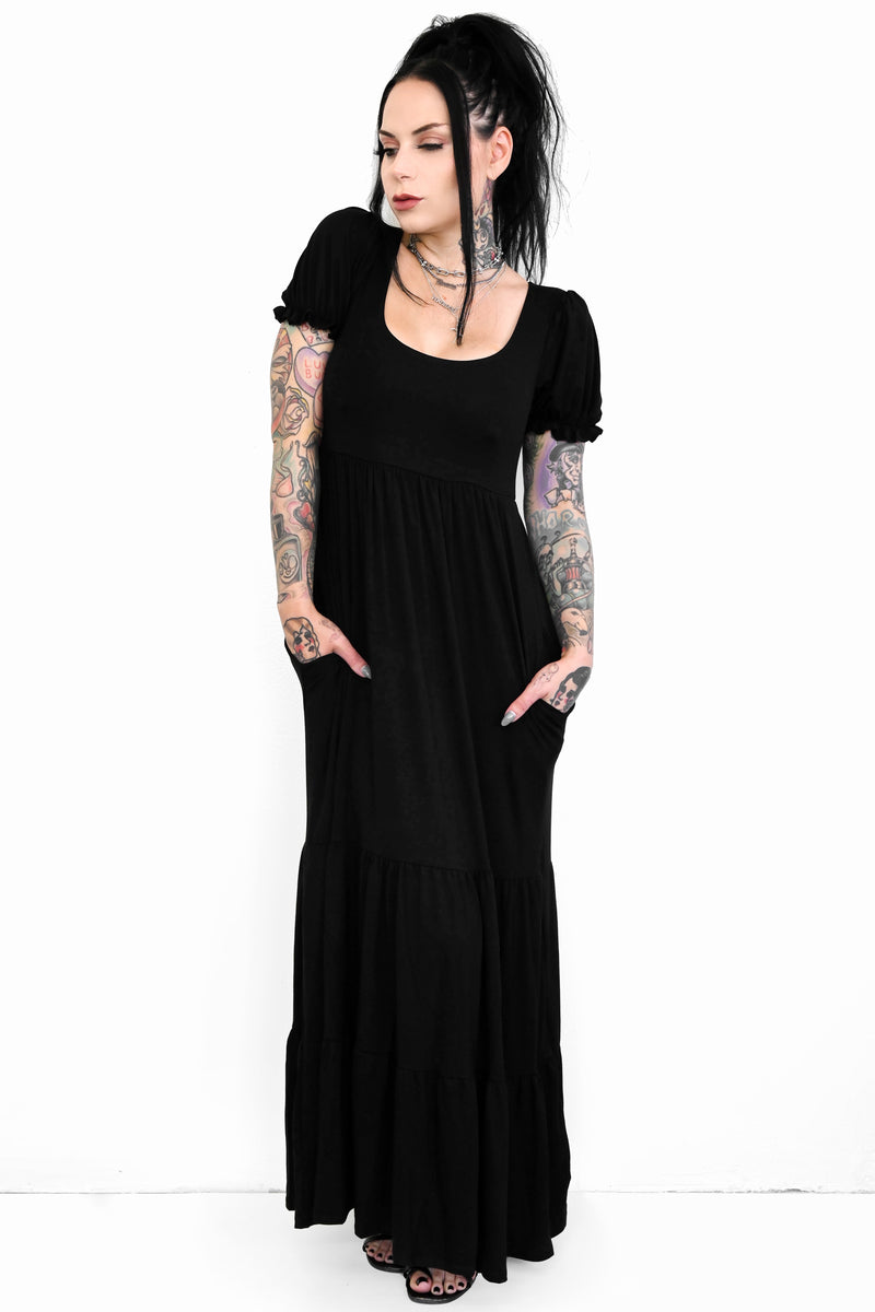 black maxi dress with elastic banded, ruffle trim sleeves and pockets 