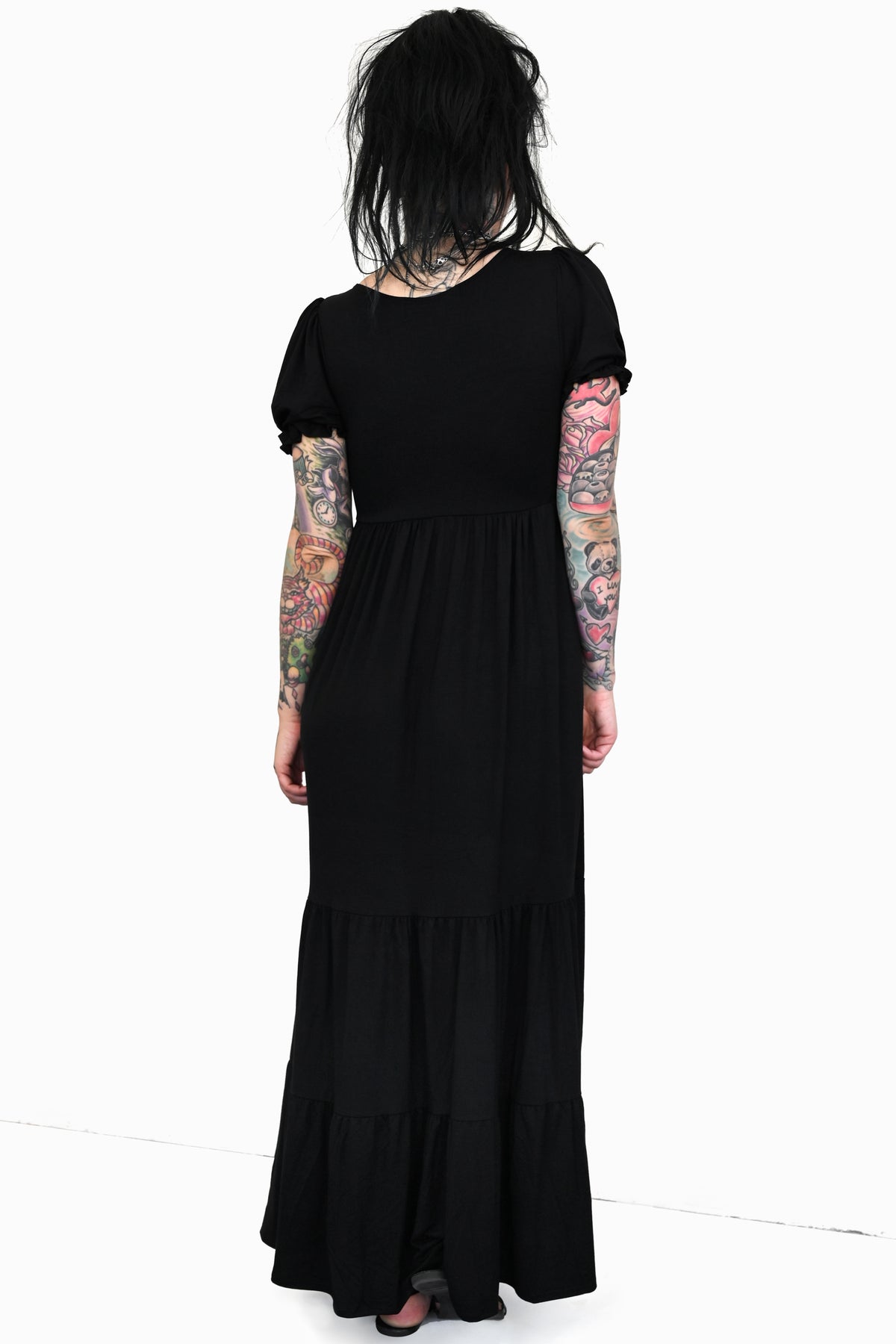 black maxi dress with elastic banded, ruffle trim sleeves 