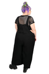 black slouchy wide leg overalls with front and side pockets. adjustable straps with 3 buttons.