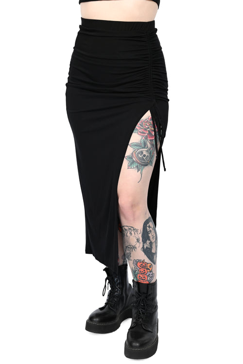 black cropped maxi skirt with left leg side slit and adjustable ruching at the slit.