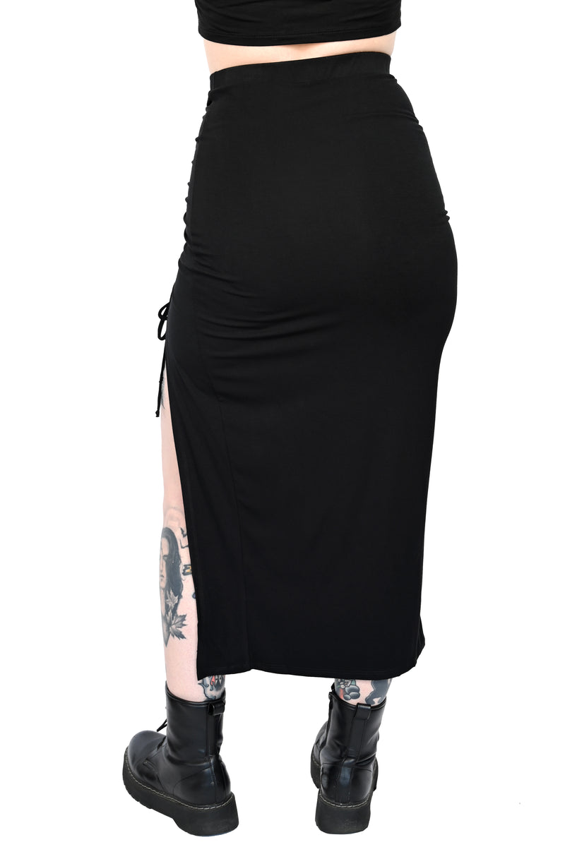 black cropped maxi skirt with left leg side slit and adjustable ruching at the slit.
